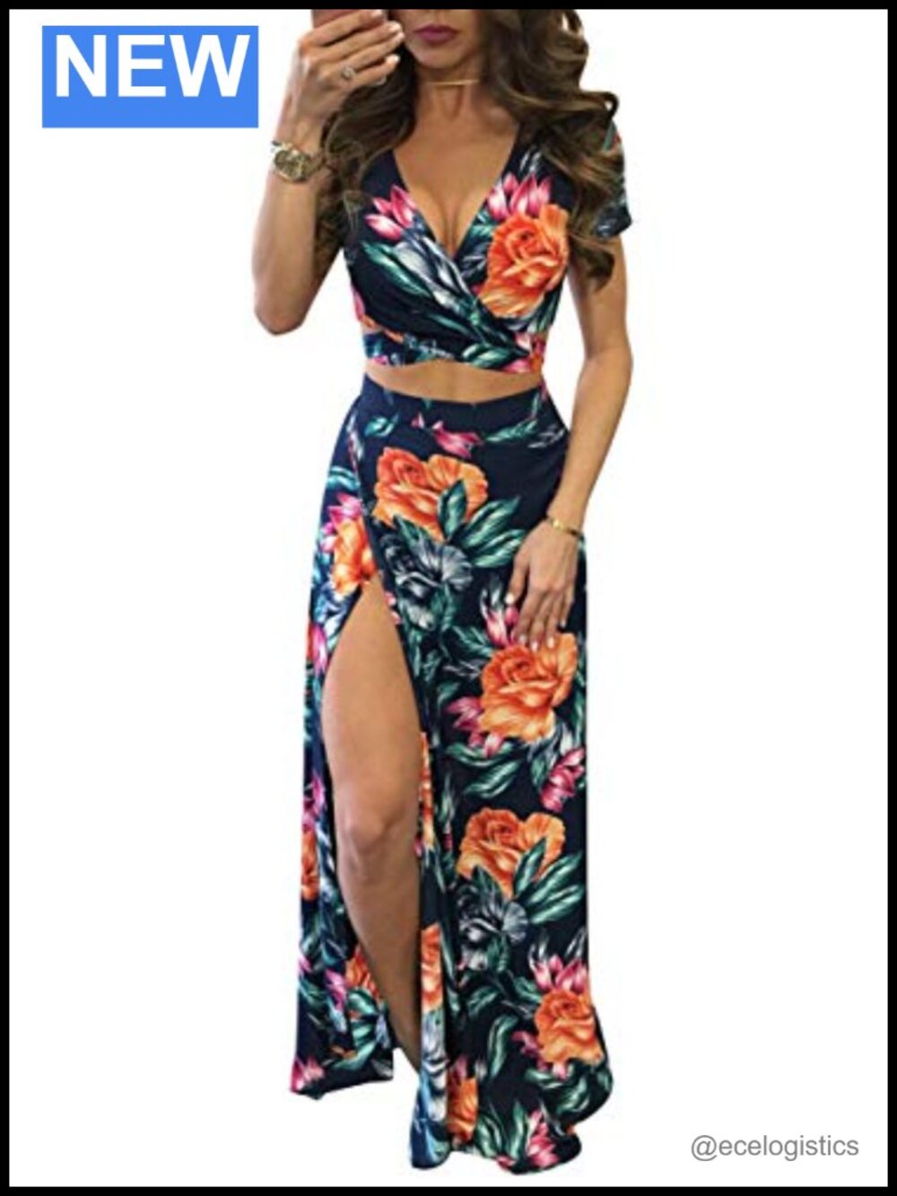 Floral Print Two Piece Outfit V Neck Crop Top High Split Maxi Skirt Set